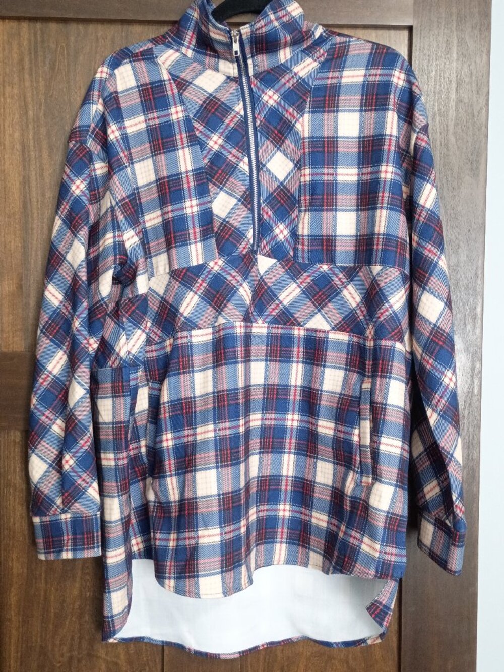 Oversized Blue Plaid Layered-Look Half-Zip Pullover Shacket - Size L